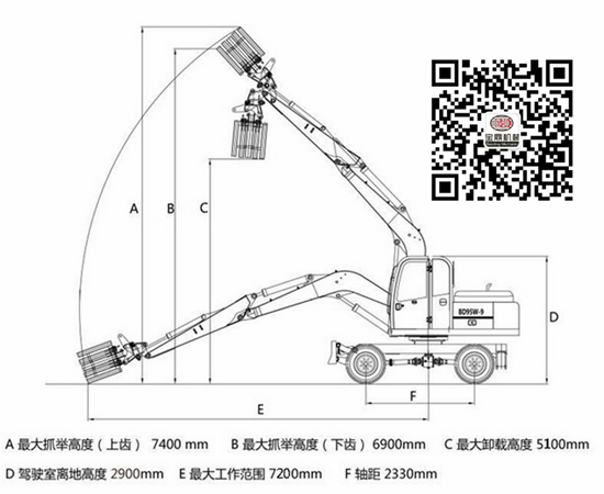 宝鼎95多功能挖掘机抓木机参数图