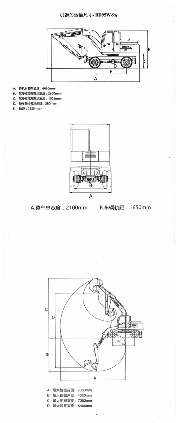 轮式95<a href='/product/' class='keys' title='点击查看关于挖掘机的相关信息' target='_blank'>挖掘机</a>工作参数图